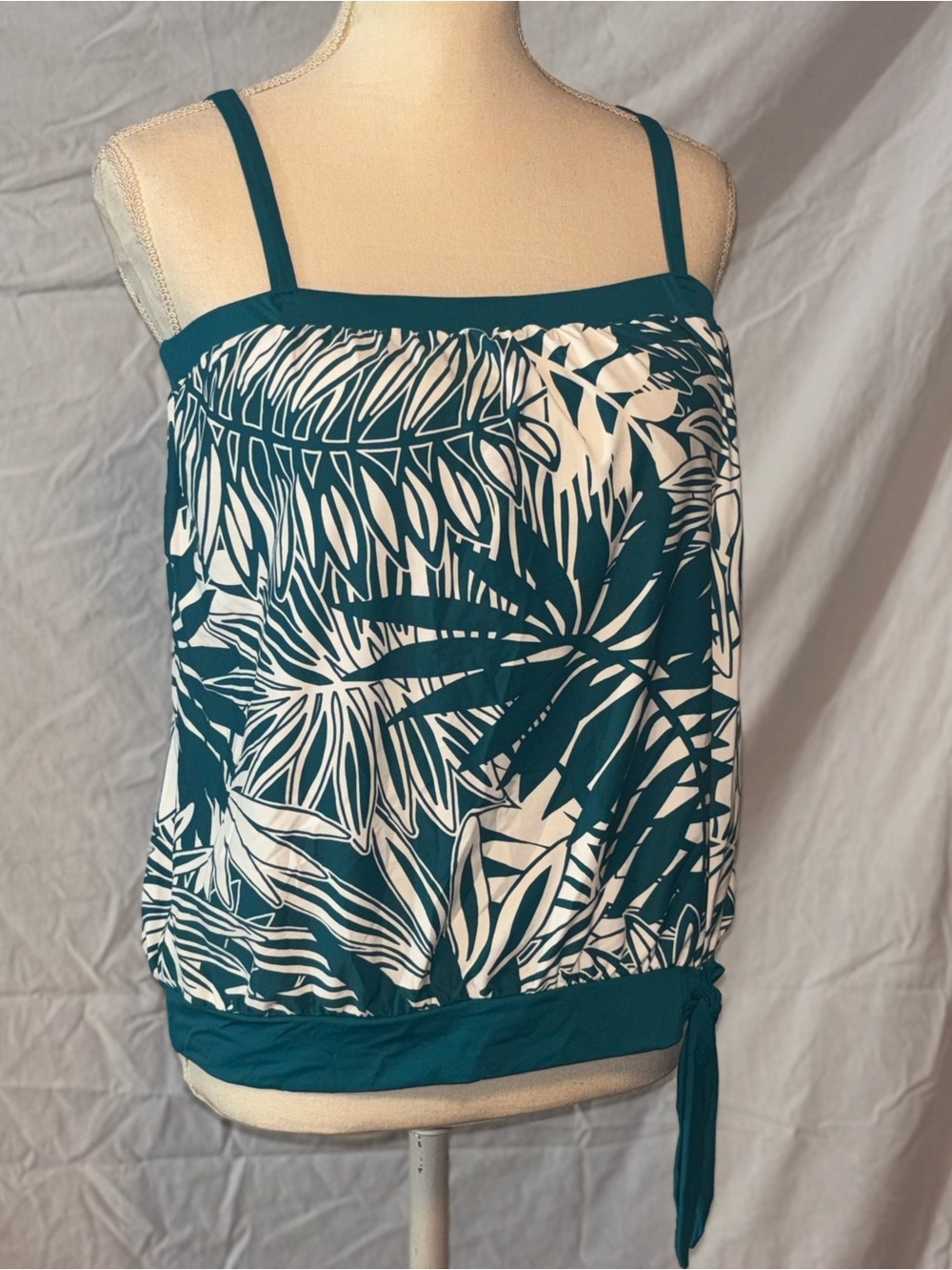 Teal and White Tropical Print Tankini Swim Top Women
